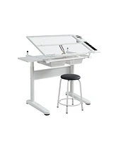 Simplie Fun Hand Crank Adjustable Drafting Table Drawing Desk With 2 Metal Drawers (White)With Stool