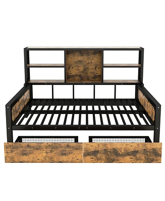 Simplie Fun Full Size Cabin Daybed With Storage Shelves And Drawers, Metal