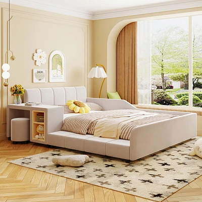 Upholstered Mother & Child Bed Set with Desk & Stool
