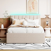 Teddy Fleece Full Size Upholstered Platform Bed With Trundle, Beige