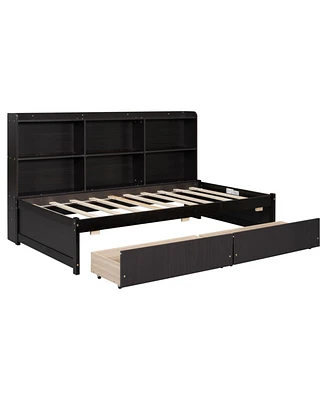 Simplie Fun Twin Bed With Side Bookcase, Drawers, Espresso