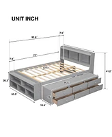 Streamdale Furniture Full Bed With Bookcase Headboard, Under Bed Storage Drawers And Bed End Storage Case, Grey