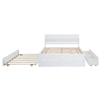 Modern Full Bed Frame with Twin Trundle, 2 Drawers - White Gloss & Washed White