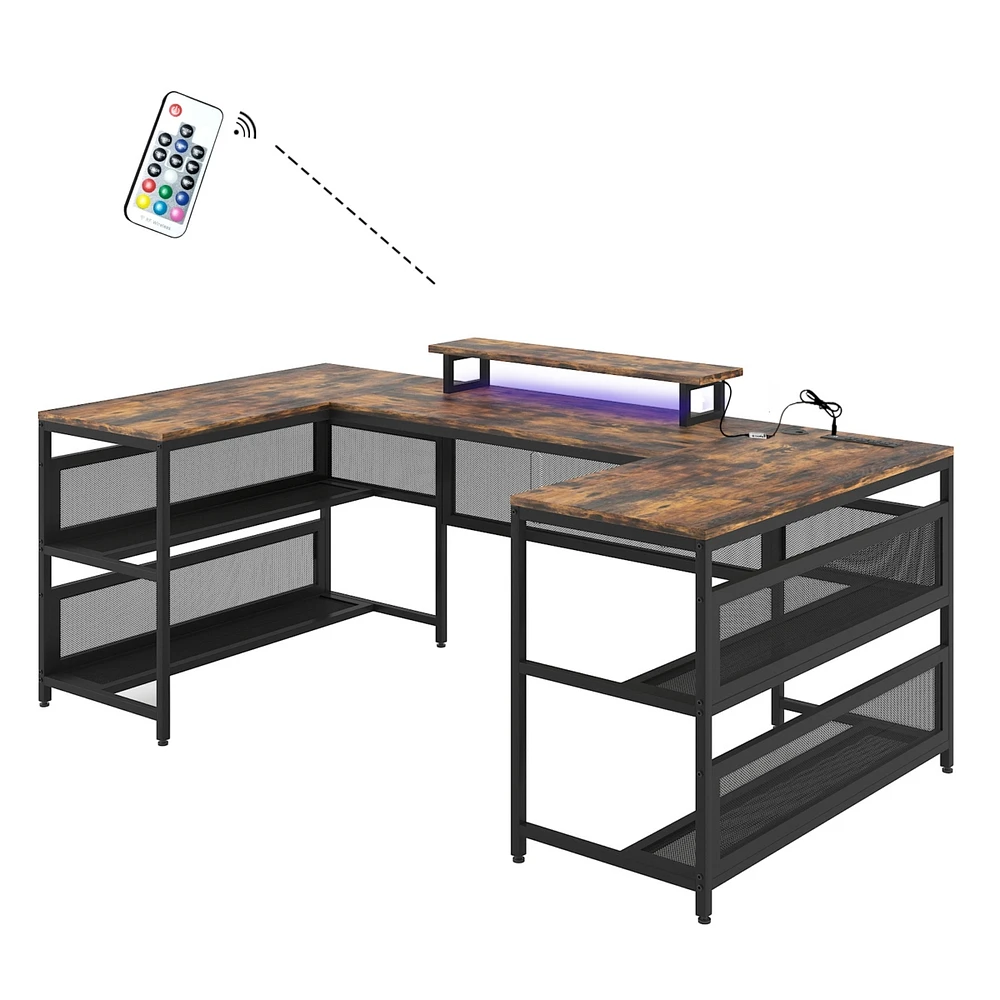 Simplie Fun U-Shaped Desk With Shelve And Led Lights