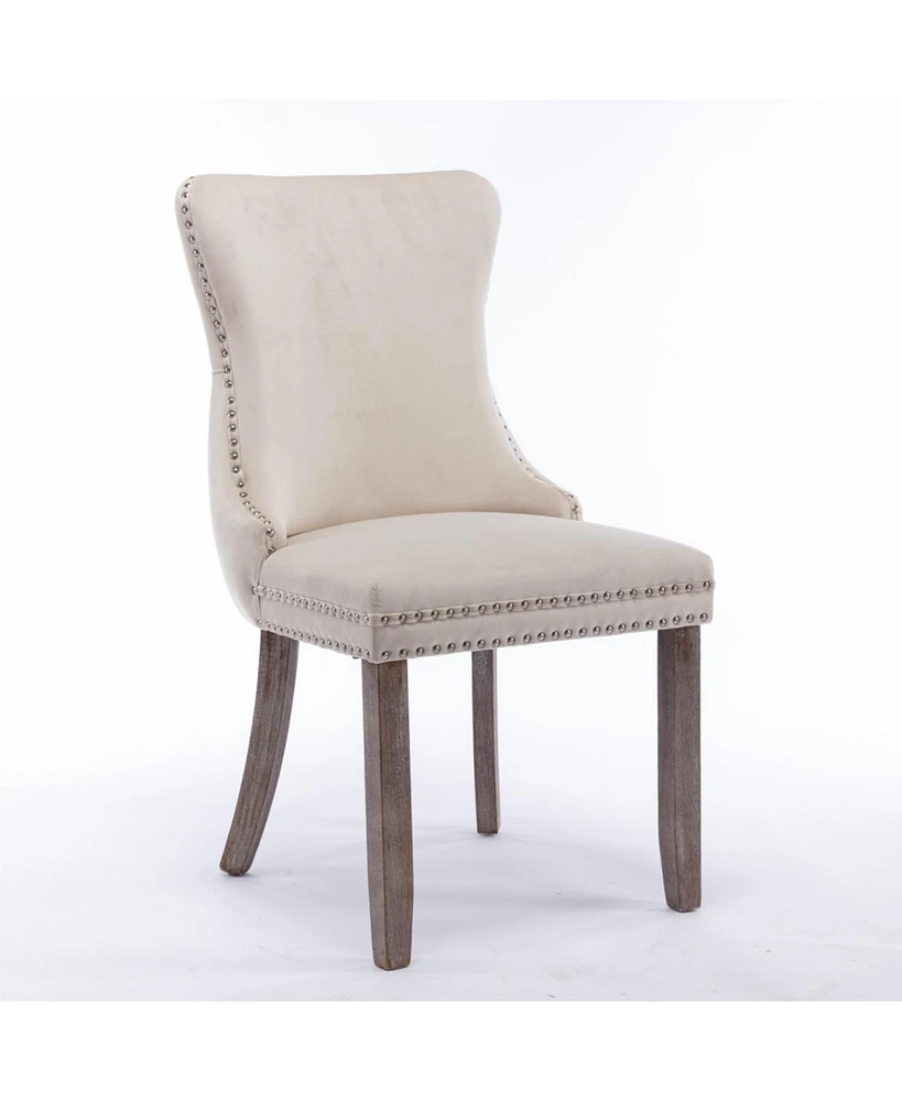 Simplie Fun 2 Beige Wingback Dining Chairs with Nailhead Trim & Wood Legs