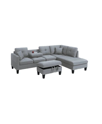 Simplie Fun Taupe Grey Linen Sectional Sofa Set with Ottoman & Cup Holder