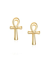 Bling Jewelry Minimalist Petite Delicate Religious Symbol of Life Egyptian Ankh Cross Stud Earrings For Women 14k Gold 2.5 Microns Vermeil Sterling Si