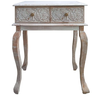 Simplie Fun 2 Drawer Mango Wood Console Table With Floral Carved Front, Brown And White
