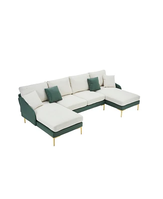 Simplie Fun Cyan & White U-Shaped Linen+Leathaire Sofa Set