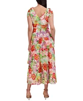 julia jordan Woman's Printed V-Neck Tie-Straps Tiered Dress