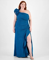 City Studios Trendy Plus One-Shoulder Ruffle-Trim Glitter Gown