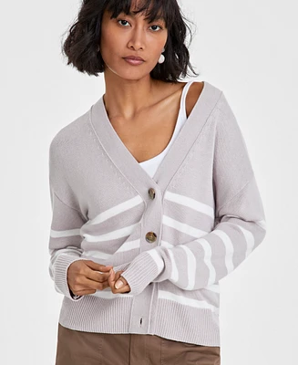 On 34th Women's V-Neck Striped Cardigan, Created for Macy's