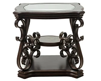 End Table, Glass Table Top, Mdf with Marble Paper Middle Shelf, Powder Coat Finish Metal Legs