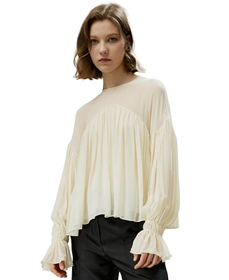 Lilysilk Women's Sheer-shoulder Ruffle Shirt for Women