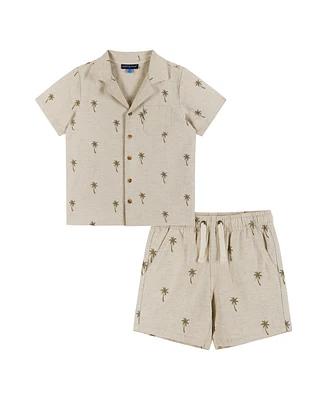 Andy & Evan Toddler Boys Toddler/Child Beige Palm Print Linen Short Sleeve Buttondown Shirt Set