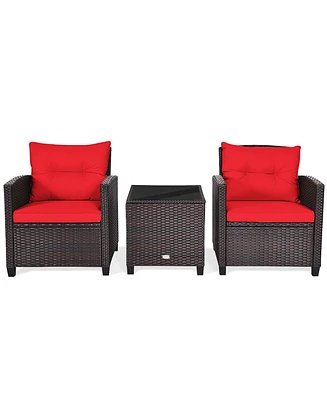 Gymax 3PCS Outdoor Patio Rattan Conversation Set w/ Coffee Table Red Cushion