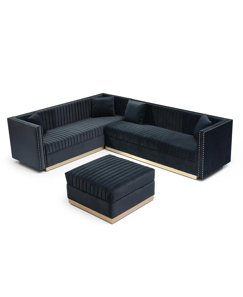 Simplie Fun Modern Black Velvet Sectional Sofa with Ottoman