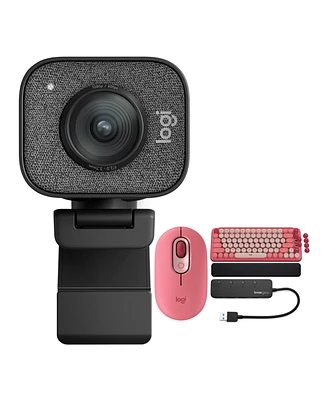 Logitech Streamcam Plus Webcam With Tripod (Graphite) With Pop Keys Keyboard And Mouse - Heartbreaker Rose