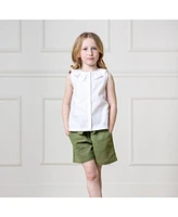 Hope & Henry Toddler Girls Sleeveless Ruffle Collar Chambray Button Back Top