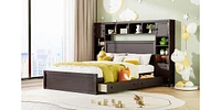 Queen Wooden Bed With All-In-One Cabinet, Shelf And Sockets