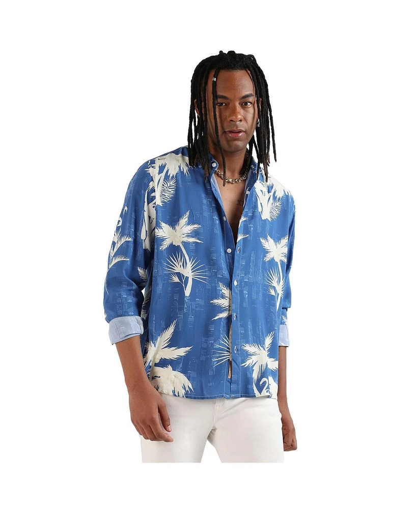 Campus Sutra Men's EcoLiva Cobalt Blue Palm Tree Shirt