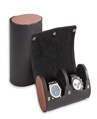 Bey-Berk Leather Two Watch Travel Case with Snap Closure and Wooden Side Paneling