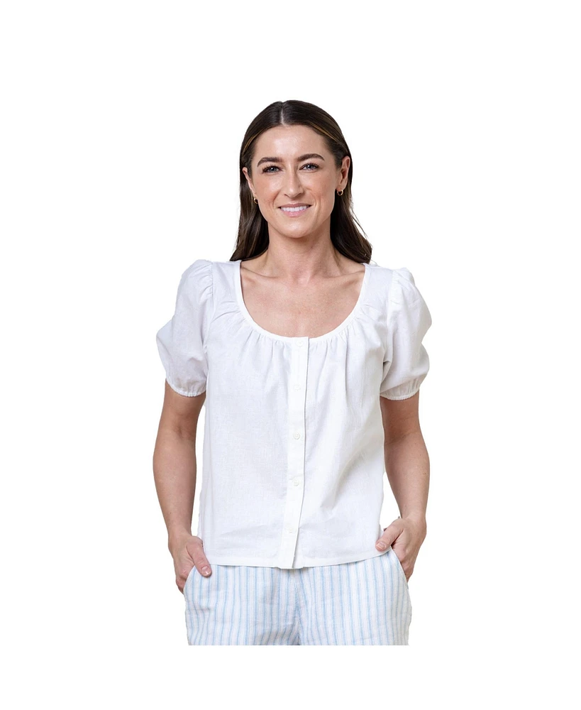 Hope & Henry Women's Bubble Sleeve Button Front Relaxed Linen Top