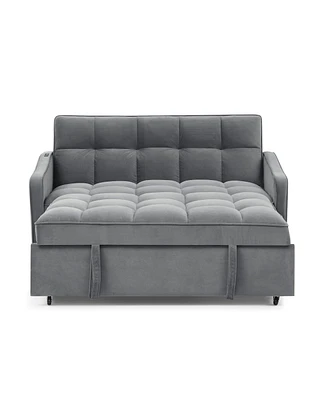 Simplie Fun Grey Loveseat Sofa Bed with Pull-Out, Adjustable Back and Usb Charging