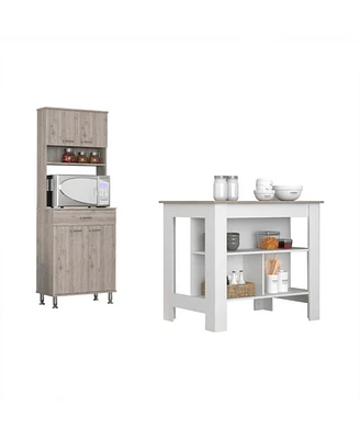 Simplie Fun Newton 8-Shelf 1-Drawer 2-Piece Kitchen Set, Kitchen Island And Pantry Cabinet White And Light Gray