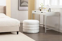 Boucle Fabric Storage Round Ottoman Footstool With Wooden Shelving, Ivory