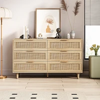 51.18" 6-Drawers Rattan Storage Cabinet Rattan Drawer, For Bedroom, Living Room, Natural