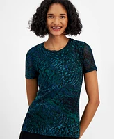 Bar Iii Women's Printed-Mesh Short-Sleeve Top, Created for Macy's