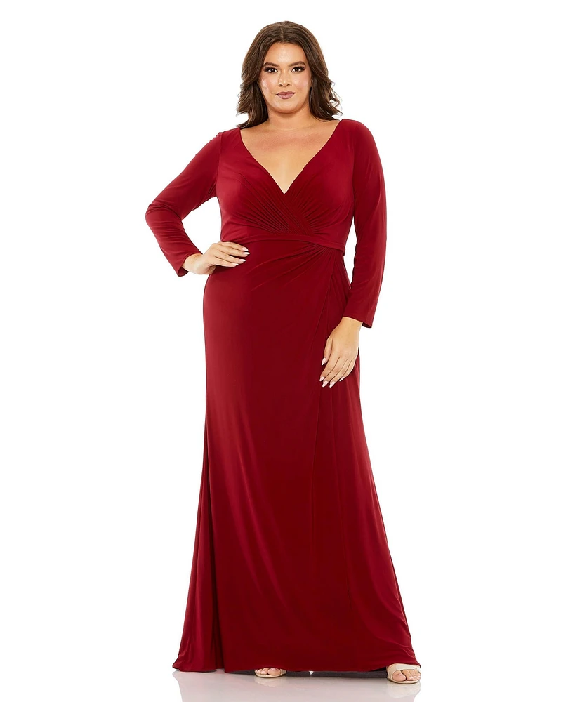 Mac Duggal Women's Plus Long Sleeve V-Neck Faux Wrap Gown