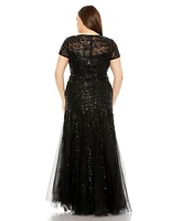 Mac Duggal Women's Plus Size Short Sleeve Heavy Applique Gown