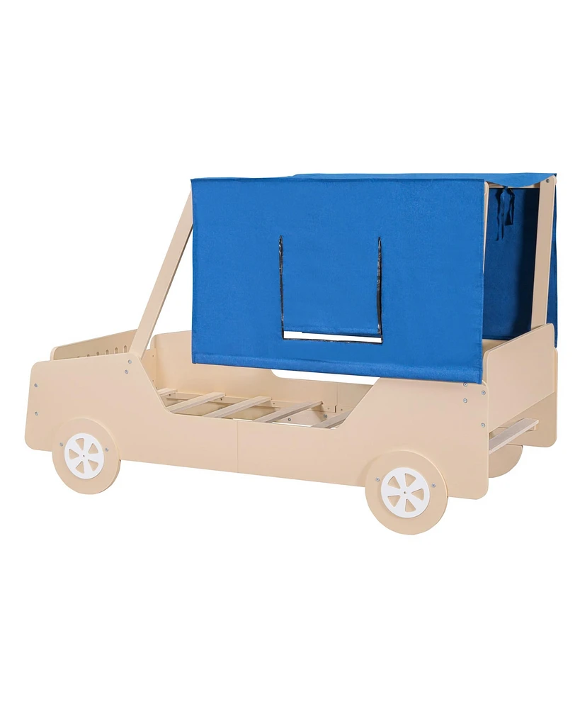 Simplie Fun Twin Car Shaped Bed With Tents, Natural