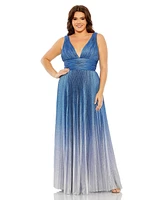 Mac Duggal Women's Plus Size V-Neck Ombre Pleated Gown