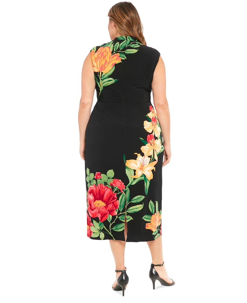 London Times Plus Size Floral Mock-Neck Sheath Dress