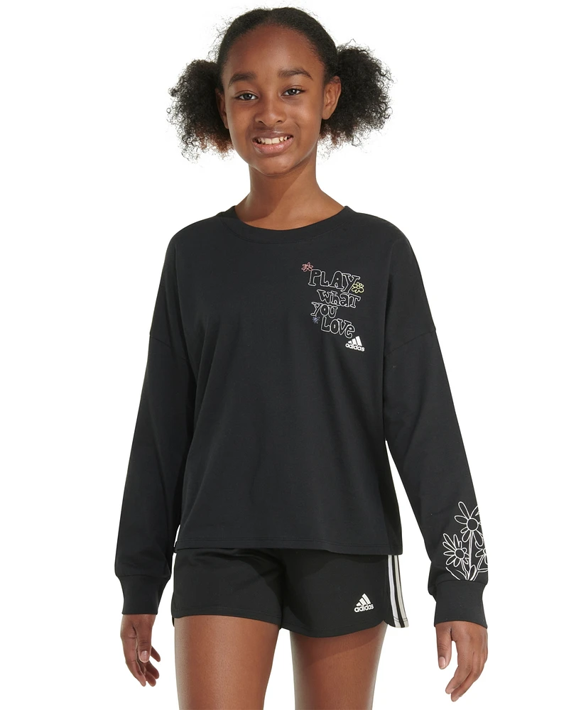 adidas Big Girls Cotton Long-Sleeve Crewneck Graphic T-Shirt