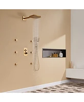 Mondawe Pressure Balanced 3 Functions 6 Sprays 22 Inch Wall Mounted Shower System with Body Jets and Rough-in Valve Brushed Nickel