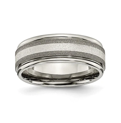 Chisel Titanium Sterling Silver Inlay Stone Finish Grooved Band Ring