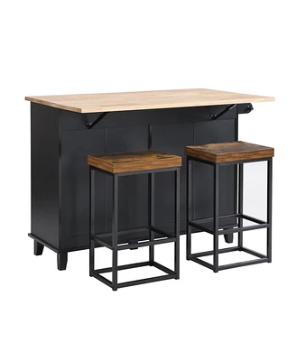 Simplie Fun Farmhouse Kitchen Island Set With Drop Leaf And 2 Seatings, Dining Table Set With Storage