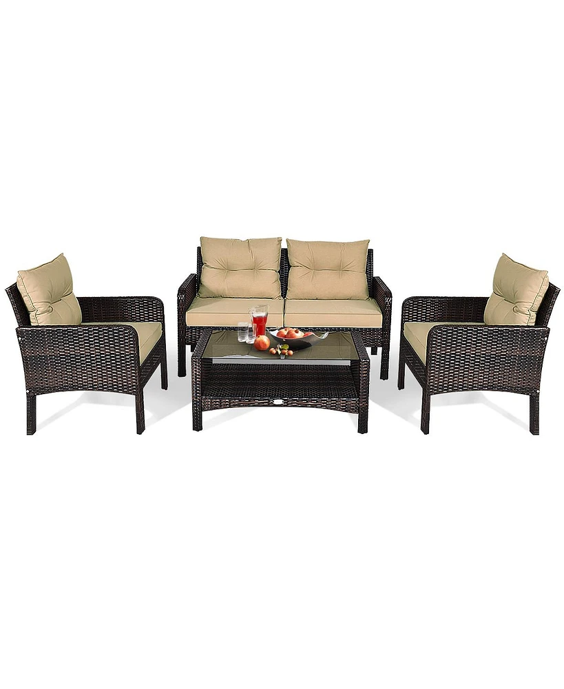 Gymax 4PCS Rattan Wicker Patio Conversation Set Cushioned Outdoor Furniture Set