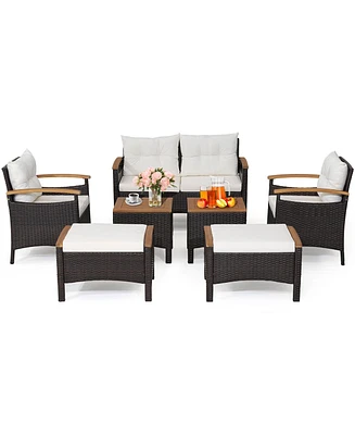 Gymax 7PCS Rattan Patio Conversation Furniture Set Cushioned Outdoor Wicker Sofa Set