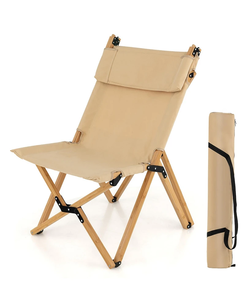 Gymax Outdoor Adjustable Backrest Chair Folding Camping Chair Bamboo w/ Carrying Bag