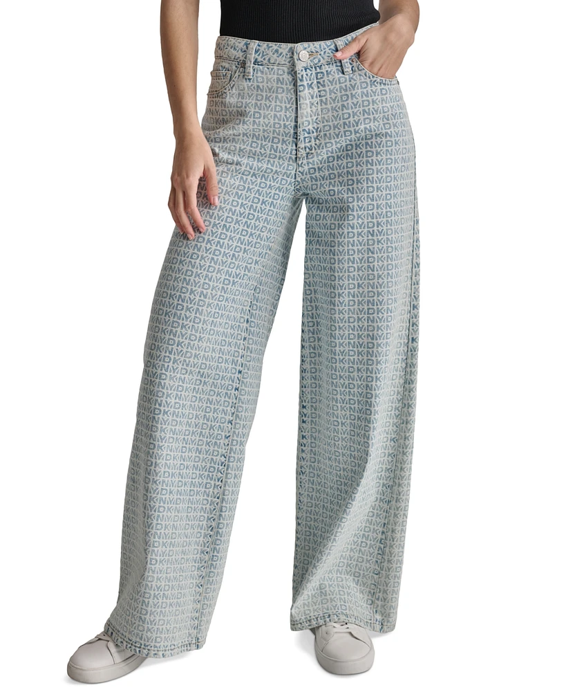 Dkny Women's Logo-Print Wide-Leg High-Rise Jeans - H98