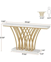 Tribesigns 59.06 inch Gold Console Table, Modern Entryway Table with Grid-Shaped Metal Base for Entrance, Hallway, Entryway, Living Room(White Faux Ma