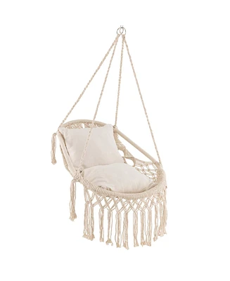 Costway Indoor Outdoor Macrame Swing with Soft Seat Cushions Sturdy Hanging Rope & Chain