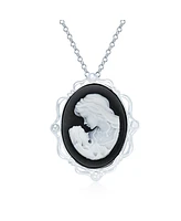 Bling Jewelry Classic White Carved Oval Framed Victorian Lady Portrait Mother and Child Cameo Pendant Brooch Necklace For Women Mother Sterling