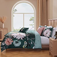 Bebejan Wild Flowers on Teal Bedding 200 Thread Count 100% Cotton Sateen 5 Piece Reversible Queen Size Comforter Set