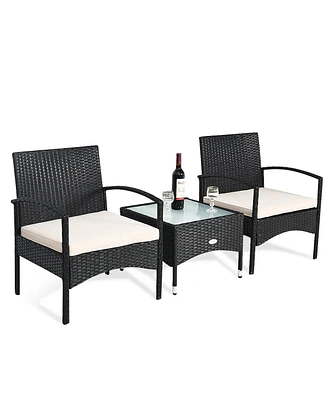 Gymax 3 Pcs Patio Wicker Rattan Furniture Set Coffee Table & 2 Rattan Chair W/Cushion